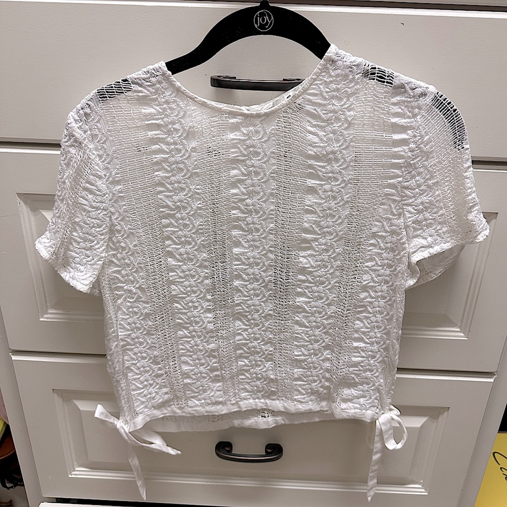 Madewell white texture stitch crochet top blouse side ties - short sleeve